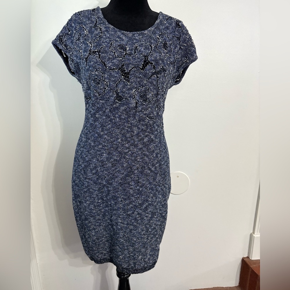 Escada  Wool blend crotchet detail Elegant Blue Textured Dress Size Large